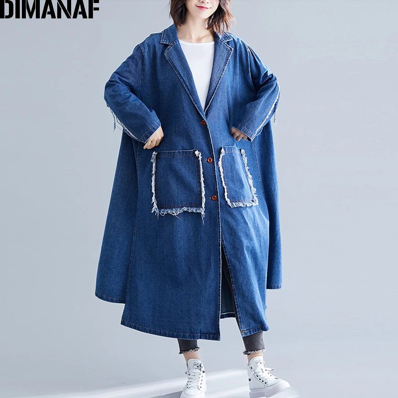 DIMANAF плюс размер женские куртки джинсовое длинное пальто более размера осенний кардиган Повседневная Женская одежда Свободная верхняя одежда с кисточками
