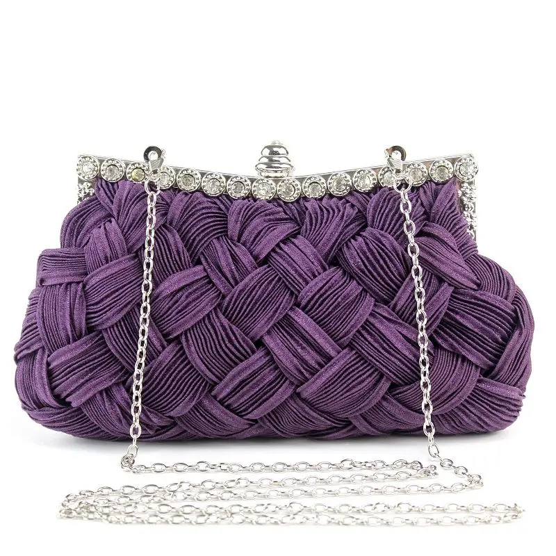 Luxy Moon Purple Rhinestone Braided Soft Clutch Bag with Chain Front View