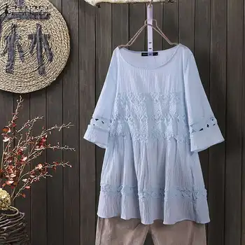 

Elegant Lace Stitching Tops Women's Summer Blouse 2020 ZANZEA Casual Short Sleeve Shirts Female O Neck BLusas Oversized Tunic