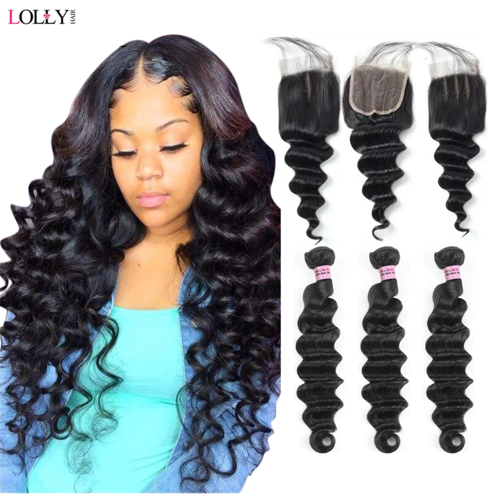 Transparent Lace Closure with Bundles Brazilian Loose Deep Wave Bundles with Closure Lolly Human Hair Bundles with Closure