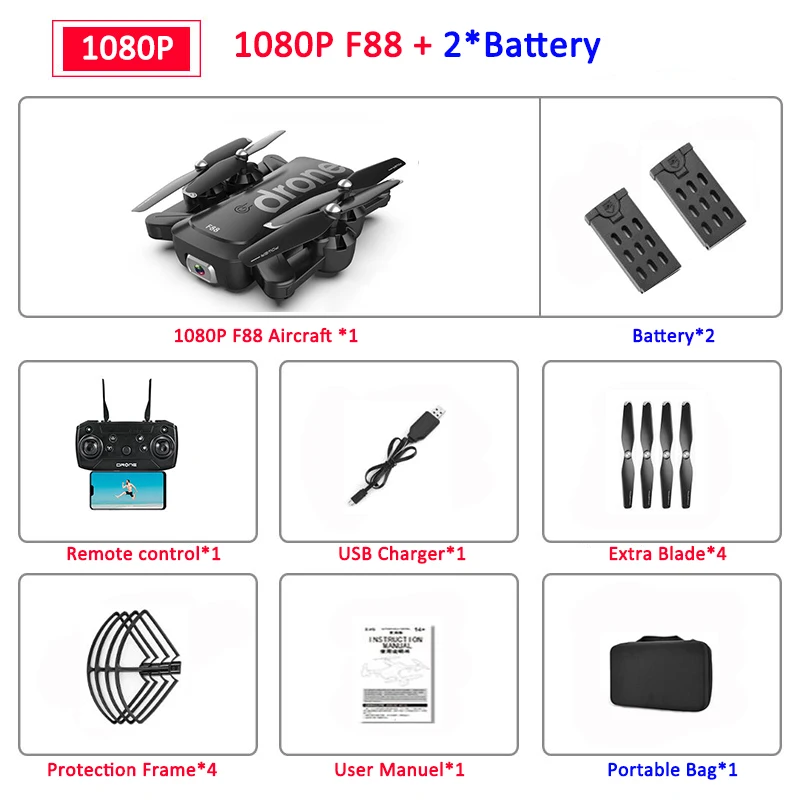 1080P 2B BAG F88 Дрон RC Квадрокоптер складной портативный WiFi Дроны с 4K HD широкоугольная видеокамера режим удержания высоты Дрон VS SG106 - Цвет: 1080P 2B BAG