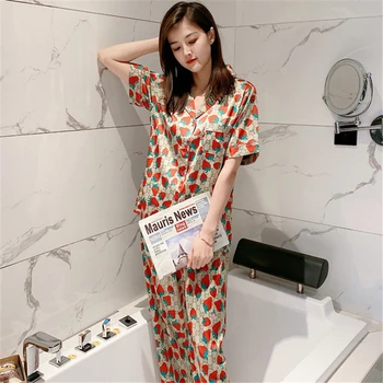 

Summer pajamas suit strawberry pattern pijamas women short sleeve trousers cardigan net red hot selling home service 2PC new
