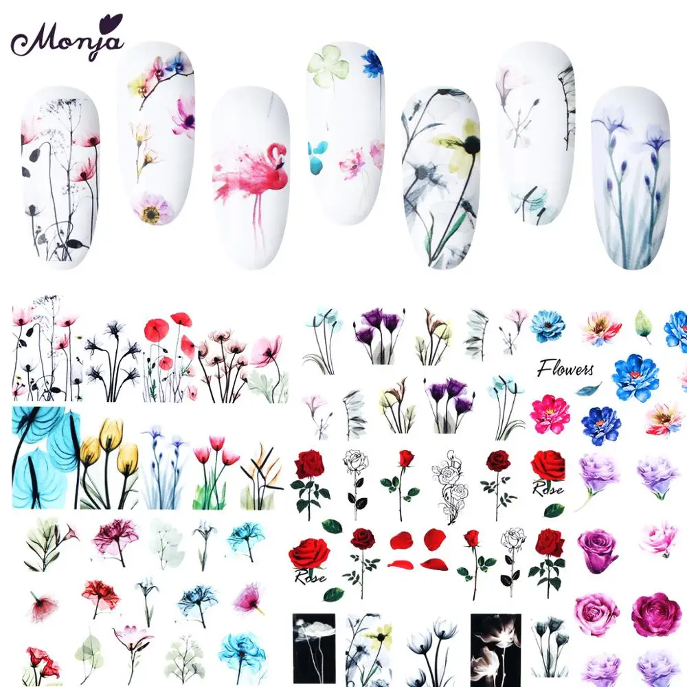 

Monja 24 Sheets Flamingo Flower Series Water Transfer Stickers Elegant Pattern Butterfly Decals Watermark Nail Art Decorations