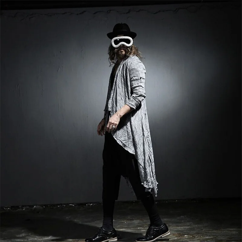 Men side split cotton linen long trench coat cardigan street punk hip hop jacket japan nightclub DJ gothic vintage stage costume