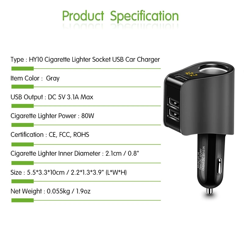 Hy10 3.1A 3 Usb быстрая зарядка автомобильный адаптер зарядного устройства для телефона с Volmeter прикуривателя для Dc 12-24V(черный