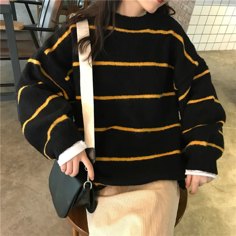 Пуловеры женские в полоску в Корейском стиле с круглым вырезом свободные свитера простые Harajuku Bf Ретро вязаные женские s высокое качество зимняя одежда