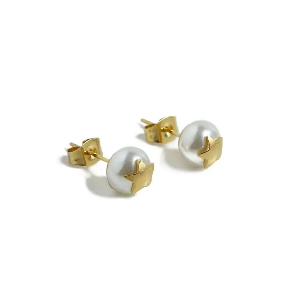 

Fashion 8mm Pearl Earrings Stainless Steel Moon Star Ear Studs Pearl Earrings For Women Girls