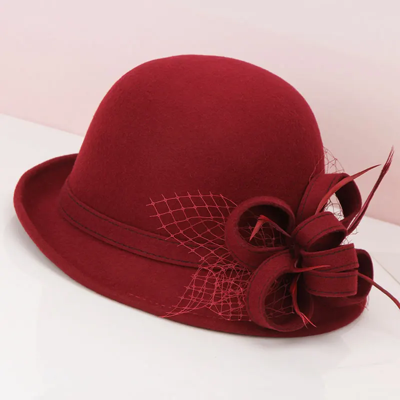 

H743 Women Fedoras Hat Korean Autumn Winter Fashion British Retro Basin Cap Lady Wool Felt Flower Mesh Yarn Church Elegant Hats