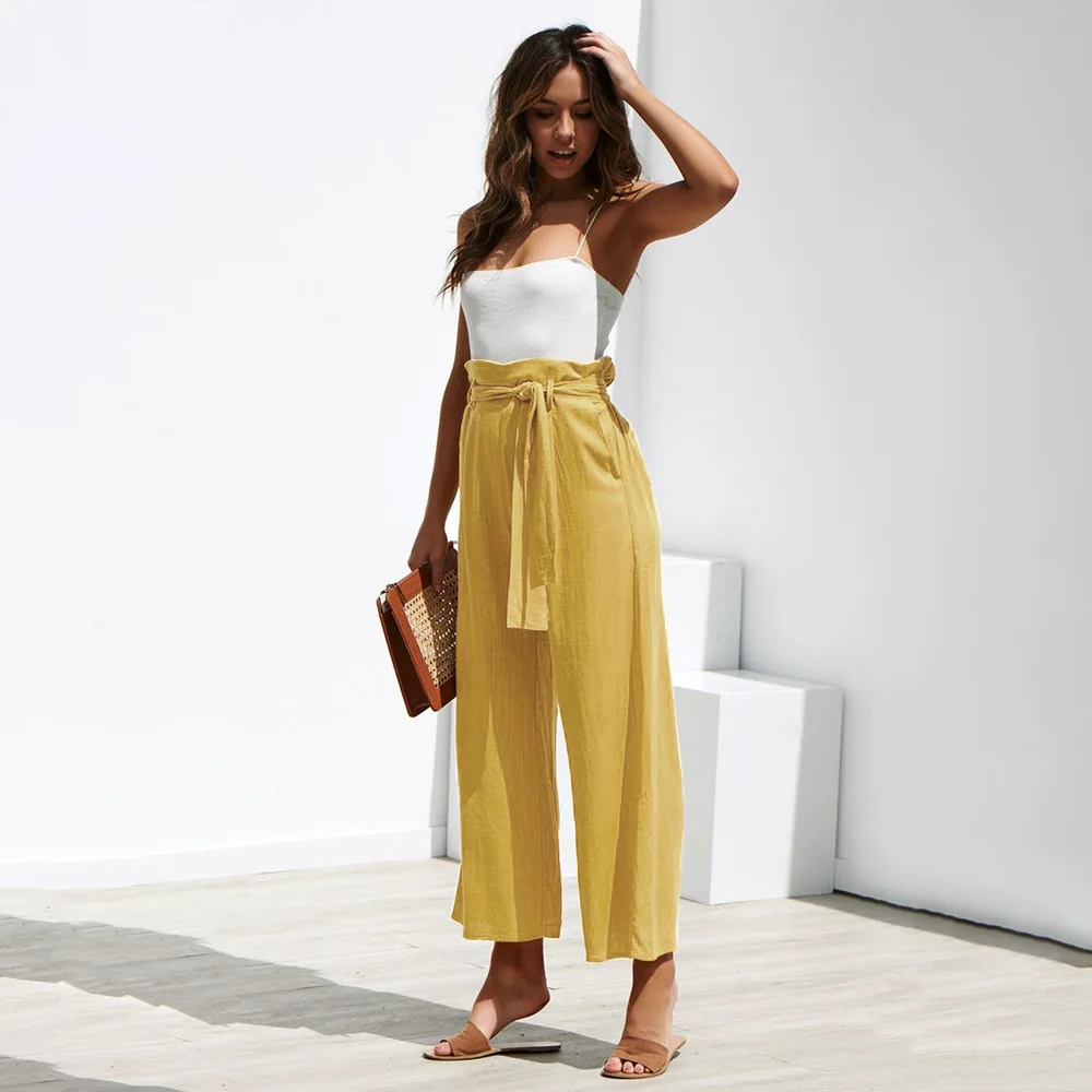 

Casual Cotton Linen Women High Waist Wide Leg Pants New Spring Fall Office Band Loose Palazzo Trousers Female Flared Harem Pant
