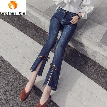 

Women Jeans New Korean Style Spring Summer High Waist Split Strap Bow Slim Micro Horn Denim Pants Students Fashion Jeans