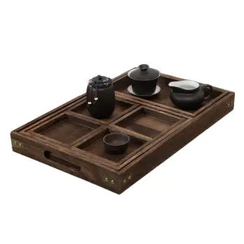 

7pcs / set of wooden storage tray retro color tea burning tray set jewelry display tray square fruit cake dessert tea set saucer