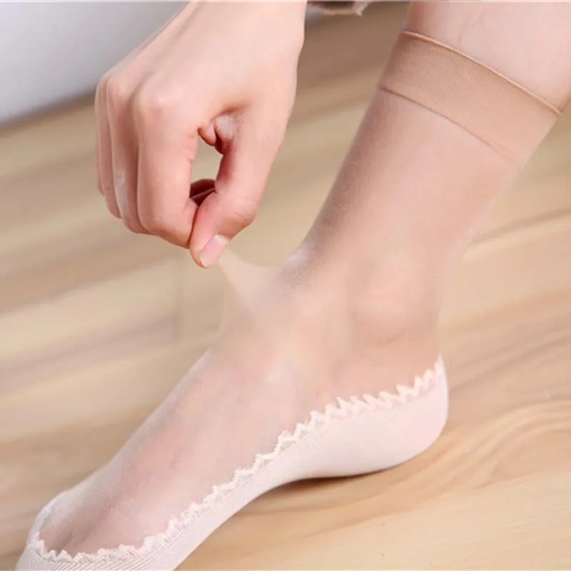 In Stock 1 Pair Spring Summer Women Soft Socks Casual Non-Slip Bottom Splice Fashion Transparent Ladies Girls Thin Silk Sock