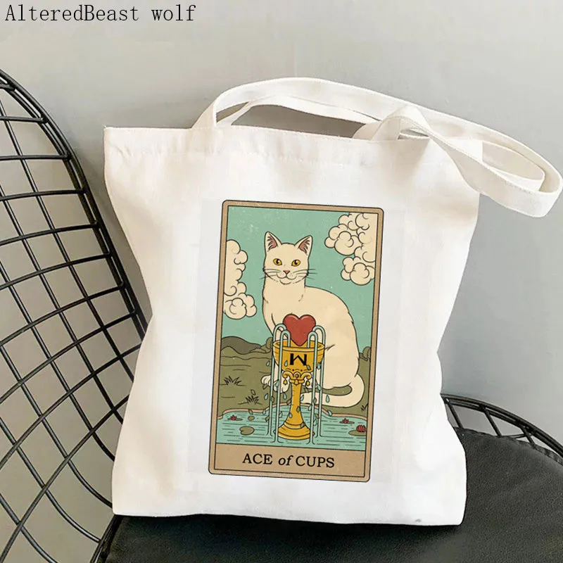 Women Shopper bag Ace of Cups cat Tarot Kawaii Bag Harajuku Shopping Canvas Shopper Bag girl handbag Tote Shoulder Lady Bag