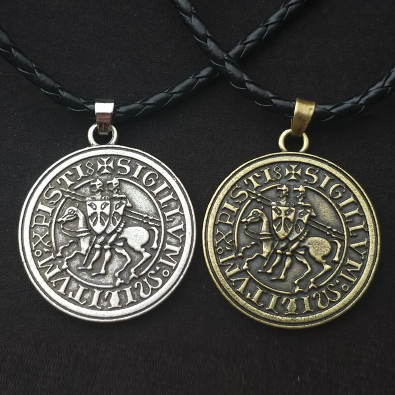 Vintage Viking Ritter Templer Kreuz Anhänger Halskette für Männer Griechische Latein Halsketten Leder Kette Männlichen Schmuck – Detail 2