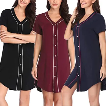 

Casual Women Nightdress Loose Short Sleeve Nightgown Cardigan V-neck Simple Home Wear Night Dress Sleepwear Nightwear Women
