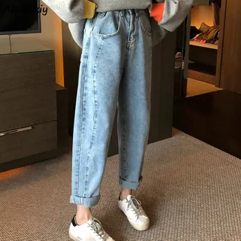 

Jeans Women Adjustable Elastic Waist Denim Harem Trouser Loose Simple BF Harajuku Straight Korean Style Student Casual Chic New