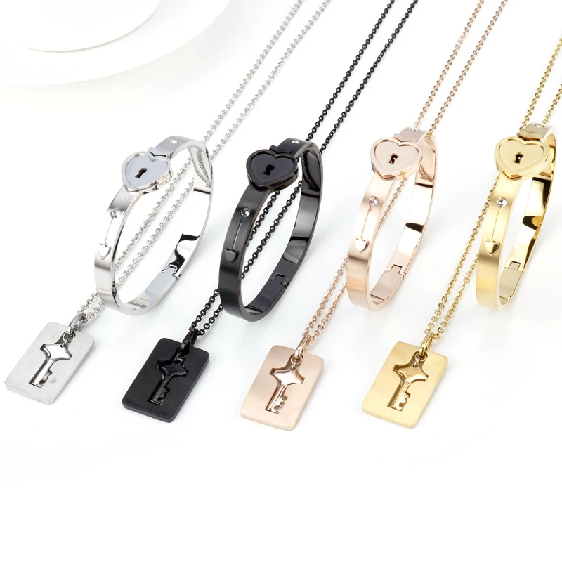 

A Set Love Heart Lock Key Couple Necklaces Bracelets Rose Gold Silver Lover Choker Stainless Steel Bangle Christmas Jewelry-25
