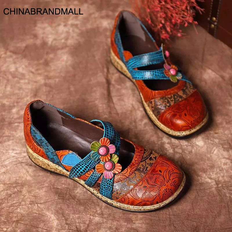 

2020 Vintage Floral Genuine Leather Splicing Colored Stitching Hook Loop Flat Shoes Spring Summer Casual Women Flat Shoes New
