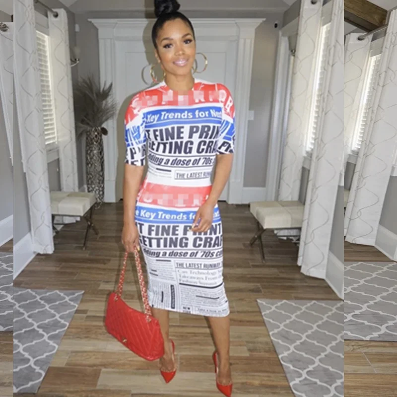 

Echoine Letter Print Sexy Bodycon Midi Dress Short Sleeve Vintage Skinny Penncil Dress Clubwear Party Vestidos Summer Streetwear