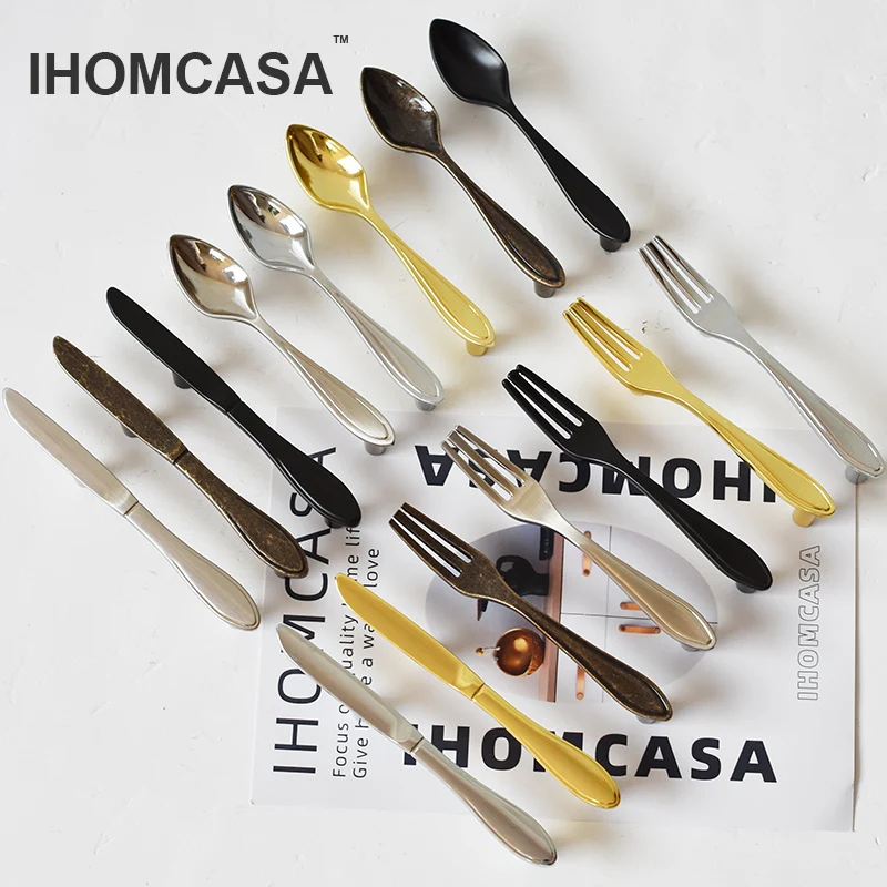 

IHOMCASA Creative cutlery handle black Golden Pulls Knob knife fork Wardrobe cupboard cabinet door Furniture Knobs 76mm handles