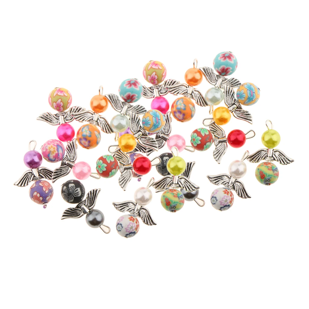 20 Pcs Tibetan silver color Angel Wing Pearl Polymer Clay Beads DIY Dangle Pendants Earrings Bracelets Necklaces Chokers