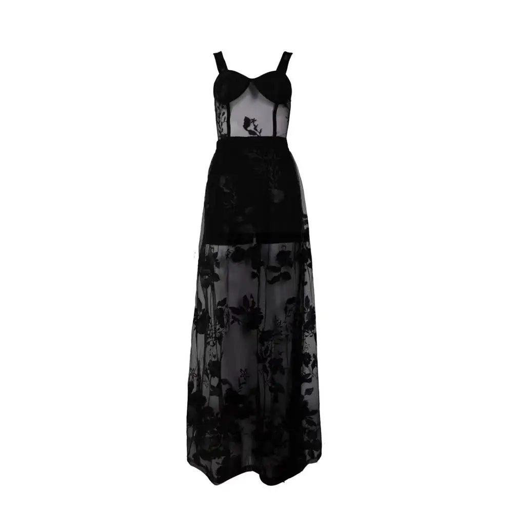 Europe and the United States new fashion ladies temperament sexy sling hollow open back lace stitching MAXI long bandage s