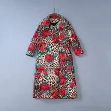 Европейская и американская женская одежда зима стиль длинный рукав розовый Леопардовый принт утолщенный модный длинный пуховик