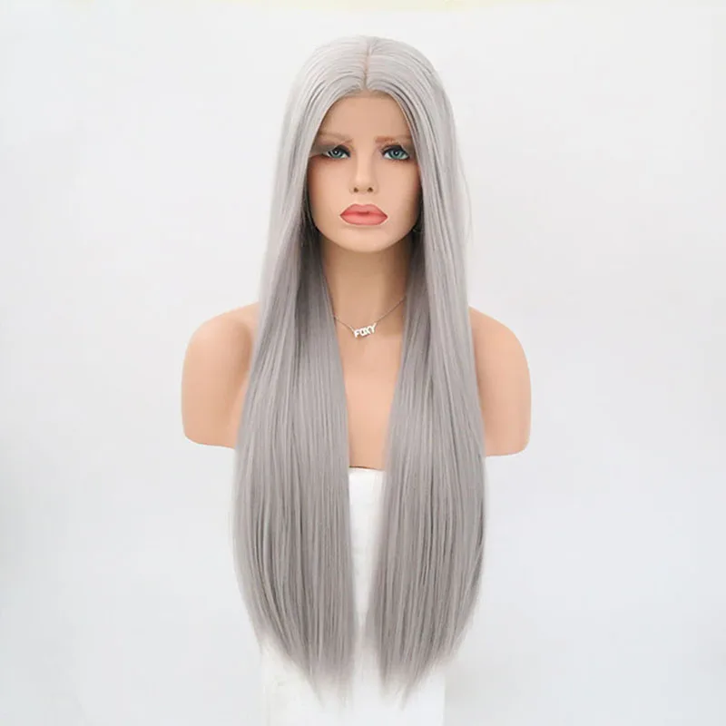 

RONGDUOYI Silver Gray Silky Stright Lace Front with Middle Part Glueless Synthetic Hair Wig for Women Daily Wear Cosplay Wigs