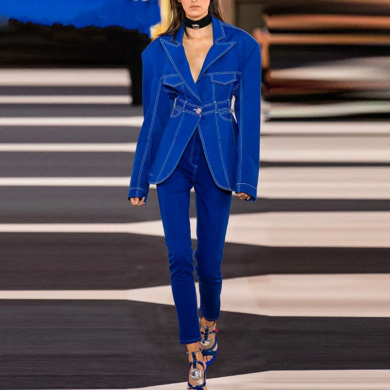 

2020 Newest Fashion Designer Runway Blazer Jacket feminino Women's Top clothes Single Button Denim Blazer Coat mujer chaqueta
