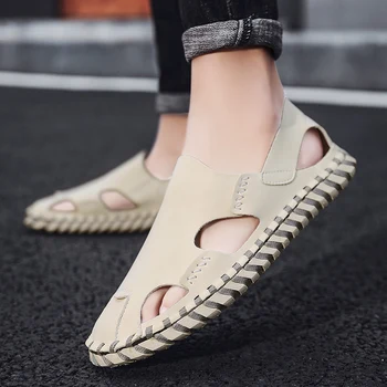 

Summer New Men Slip On Sandals Hand Made Leather Sandals for Man Rubber Sole Men Beach Shoes Comfortable Flats Sandals Mens