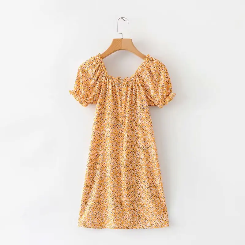 

Western Style 2019 Summer New Style WOMEN'S Dress Versitile Fashion Slim Fit Slimming Yellow Small Flower Puff Sleeve Dress Wome