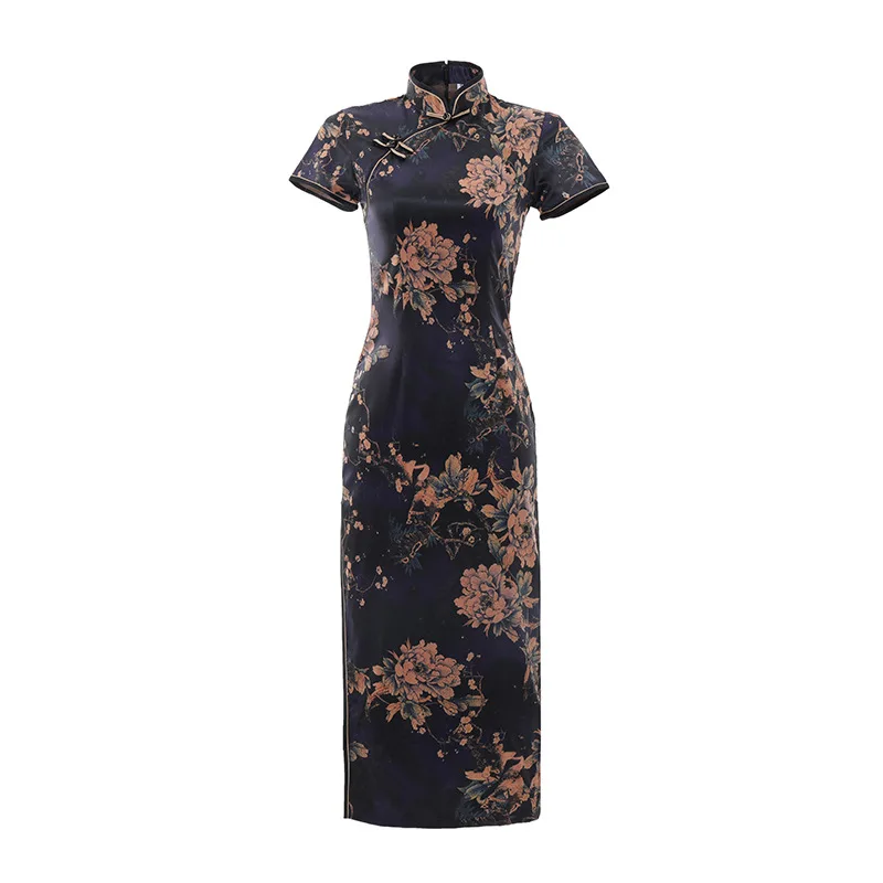 Черный плюс размер 3XL 4XL тонкий женский длинный атласный Qipao сексуальное китайское вечернее платье Cheongsam летнее Новое с коротким рукавом Vestidos