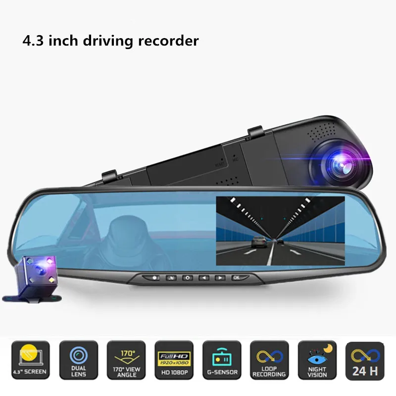 

Dash Cam 24H Car DVR Dash Camera Rear View Dual Lens 1080P 4.3in Full HD Cycle Recording Dash Cam Video Recorder Mirror Dashcam