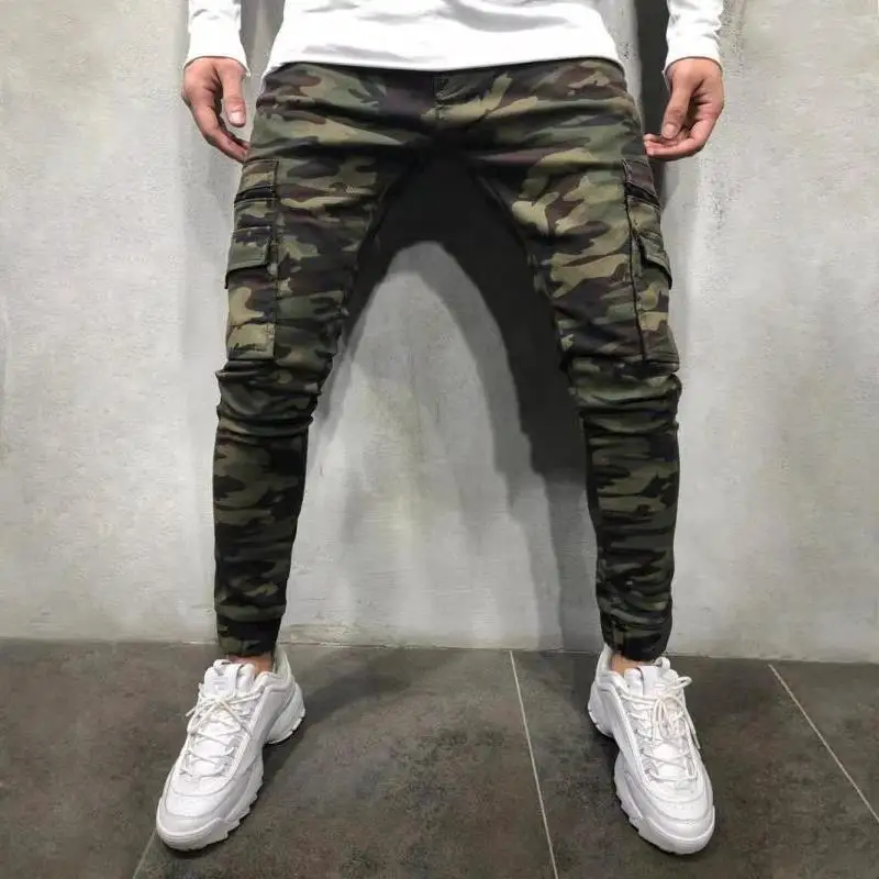 

MKASS Mens Skinny Stretch Denim Pants Camouflage Pleated Ripped Slim Fit Jeans Trousers Hot cargo pants jeans men Clothing