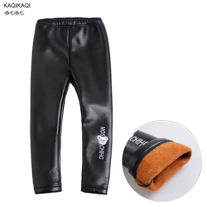 New Winter Girls Leggings Plus Velvet False PU Leather Girls Leggins Cartoon Pencil Pants Trouser
