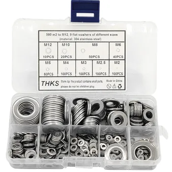 

580 Pcs 9-Size 304 Stainless Steel Flat Washer Lock Washer Assortment Set (Size Included: M2 M2.5 M3 M4 M5 M6 M8 M10 M12)