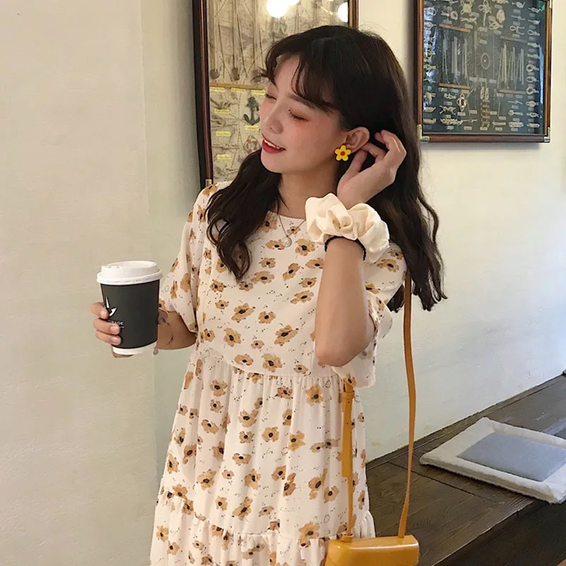 2020 New Summer Women Dress Korean Floral Short Sleeve Square Collar Dresses Bow Bandage Slim Waist Dress Vestidos