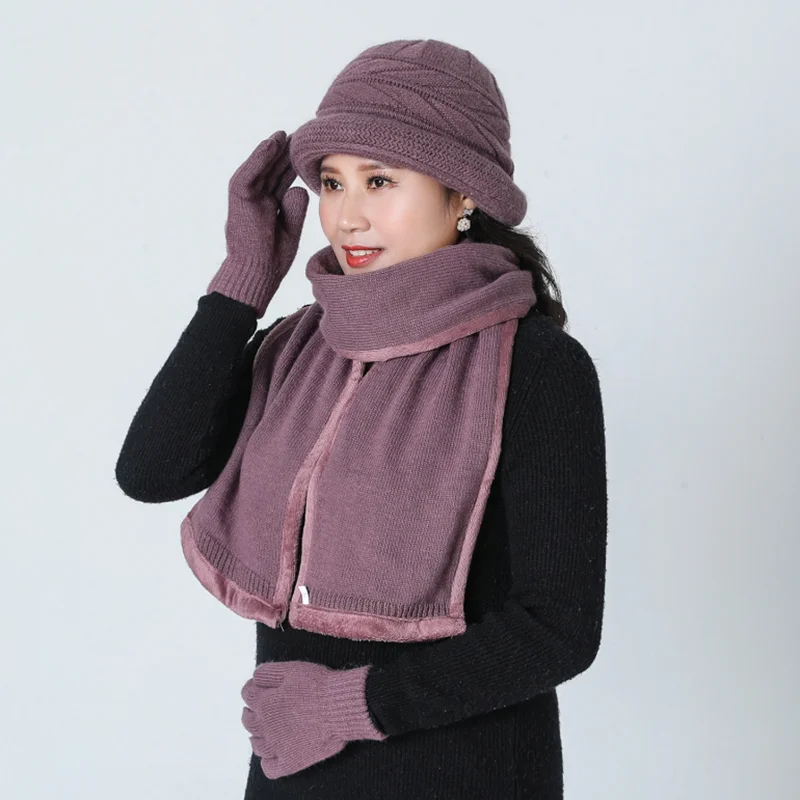 Middle-aged Lady Hat Autumn Warm Wool Mixed Warm Hat Woolen Cap Middle Age Mother Grandmother Knitted Hat scarf gloves Hat
