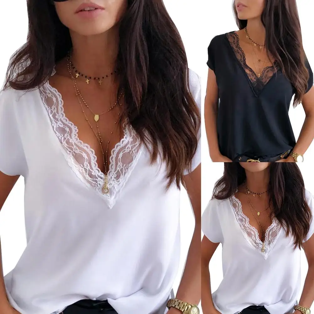 Blusa de manga corta con cuello de pico profundo para mujer, blusa Sexy de Color sólido con encaje de retazos, Top básico de talla grande, Tops que combinan con todo