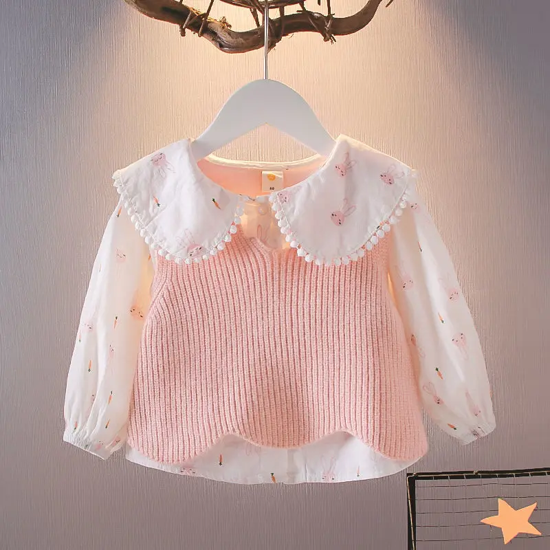 Spring Autumn Girls Shirt Clothes With Vest Long Sleeve Baby Cotton Linen Cardigan Shirt Turn Down Collar Blouse