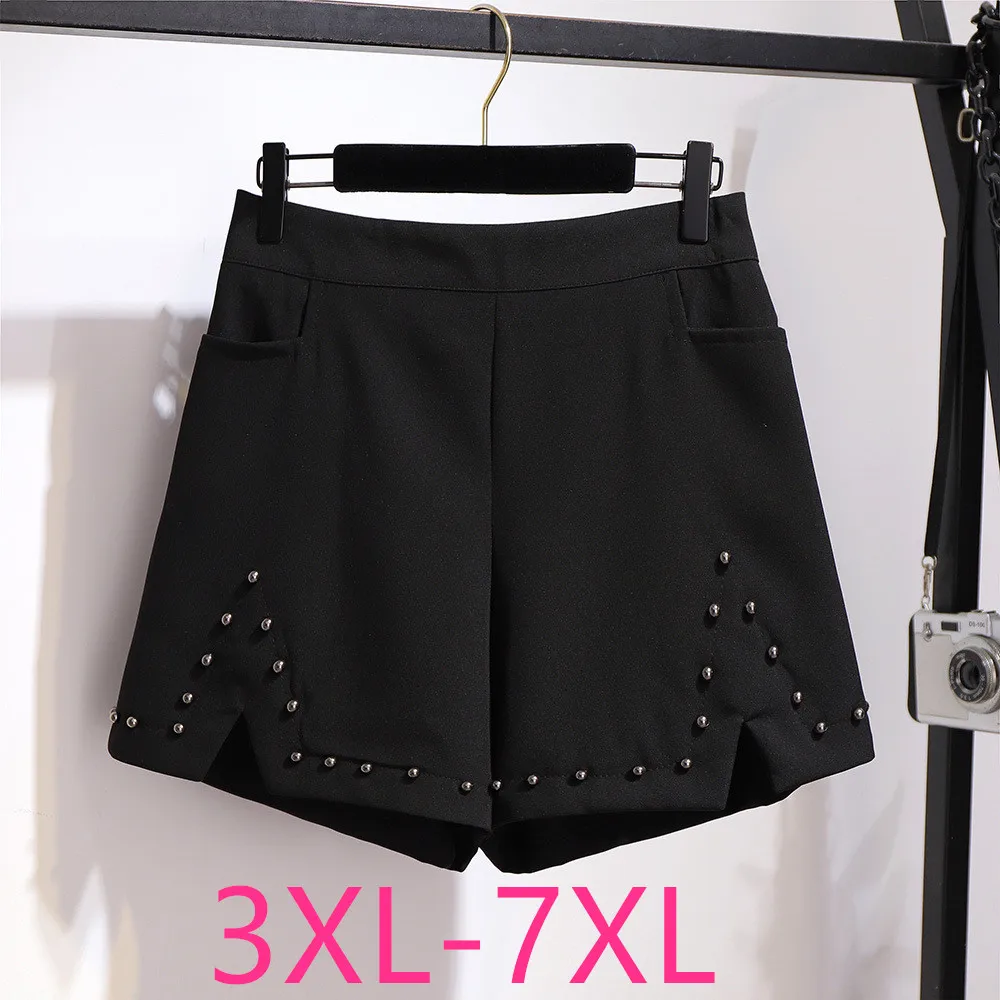 

2021 Spring Summer Plus Size Shorts For Women Large Casual Loose Elastic Waist Wide Leg Rivet Thin Shorts Black 4XL 5XL 6XL 7XL