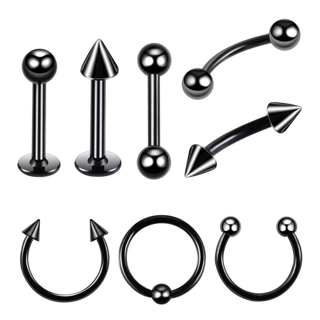 Blesiya 8Pcs Black Hoop Nose Lip Tongue Studs Eyebrow Tragus Ring Piercings