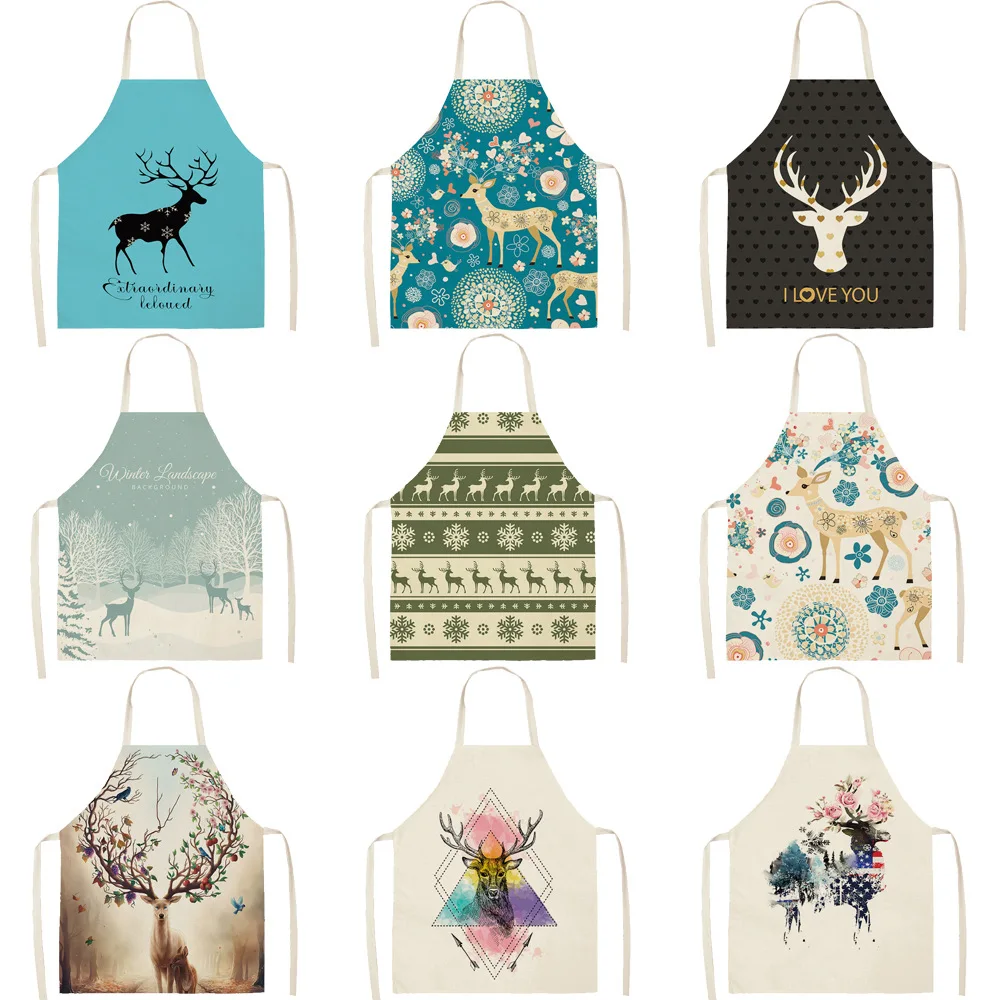 Antifouling Kitchen Apron Christmas Elk Cotton Linen Sleeveless man women Chef Cooking Aprons Kitchen accessories 68*55cm 0024