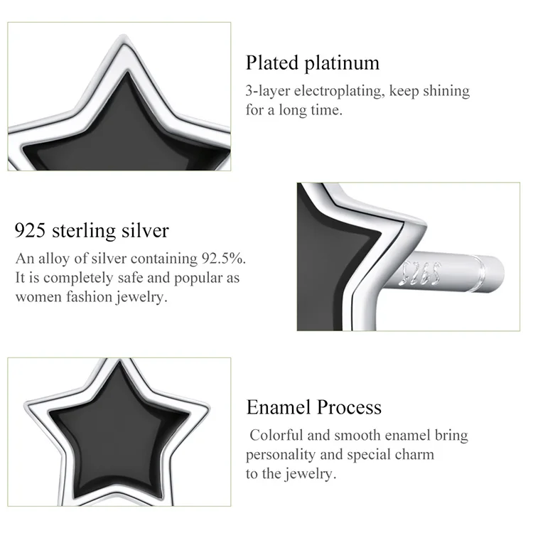 VOROCO Real 925 Sterling Silver Stud Earrings Pentagram Five-pointed Star Black Fine Jewelry for Women Unisex BNE275