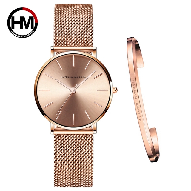 white Dial Watch Japan Quartz Simple Design Waterproof Rose Gold Stainless Steel Mesh Band Lady Watches for Women