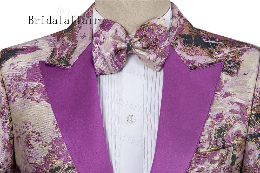 Bridalaffair Men Elegant Suits 2pcs Lavender Blazer Pants Set Wedding Tuxedos for Men Slim Fit Blazer Peaked Lapel Jacquard Suit
