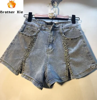 

Stretch Hot Pants Girls Ladies 2020 Summer European New Beads Inlaid Diamonds High Waist Thin Open Fork Broad Leg Jeans Shorts