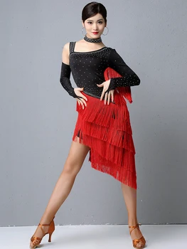

Latin Dance Costume Women Black Red Fringe Practice Clothes Latin Competition Dress Professional Tango Salsa Performance Costume