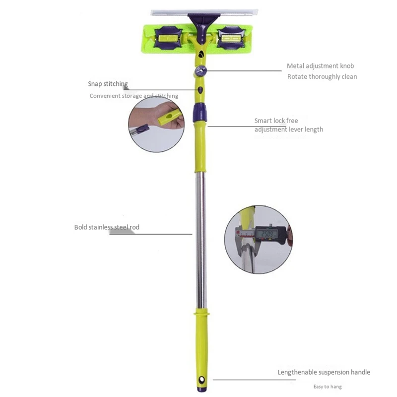 Ferramenta De Limpeza De Vidro Dupla Face Telescópica Rod Limpador De Janela Rodo Limpador Longo Punho Giratório Escova De Cabeça Silicone Scrubbe