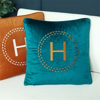 

Modern Simplicity Velvet Cushion H letter Decor pillow Sofa Throw Pillow Handmade Embroidery Cushions Home Decor accessories